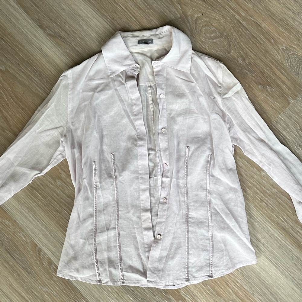 ANN TAYLOR Button Down Printed Blouse - Purple, Size S, Semi-Sheer, Long Sleeve